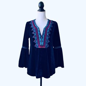 SOLITAIRE BLUE VELVET TUNIC WITH EMBROIDERED BIB BELL SLEEVES